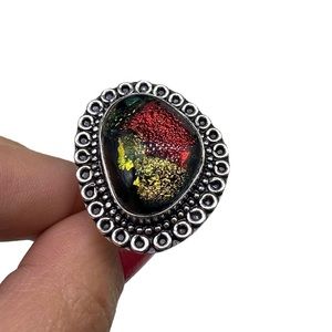 Dichroic Art Glass Ring Size 7 Sterling Silver 925 Overlay Chunky Black Red